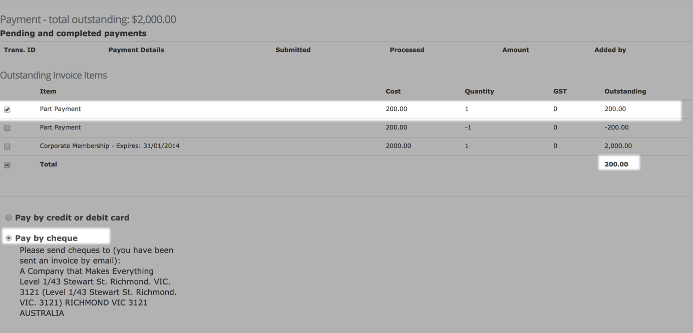 Select part payment